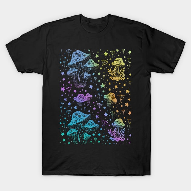 Mushroom Moon Pattern in Rainbow T-Shirt by rosiemoonart